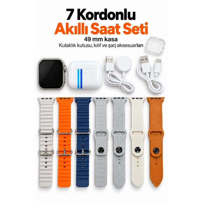 Akıllı Saat Bluetooth Aramalı Ve 7 Kordonlu Set