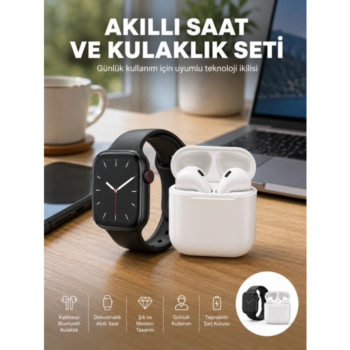 Akıllı Saat Gümüş Kasa Bluetooth Kulaklık Hediyeli Çok Fonksiyonlu İkili Set