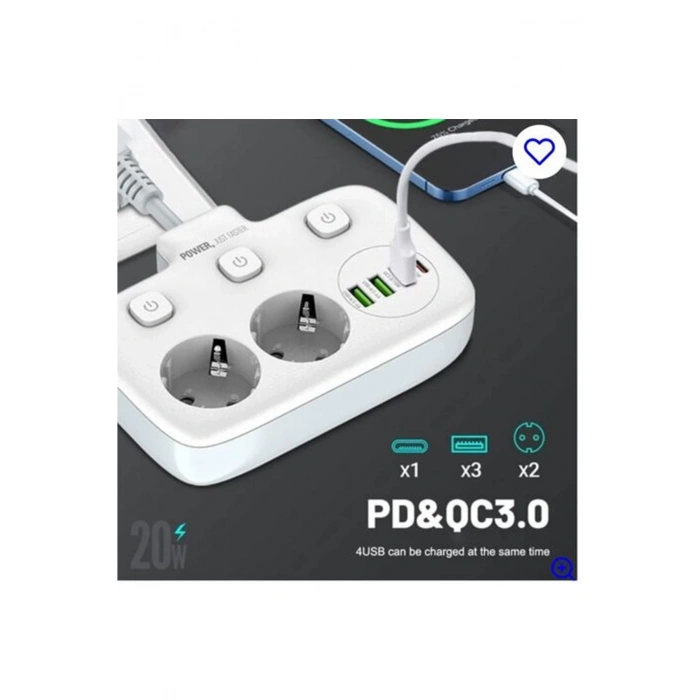 Akım Korumalı 2’li Ayrı Anahtarlı Priz, 2x Priz, 3x Usb, 1x Type-c, 2 Mt Kablo, Hızlı Şarj