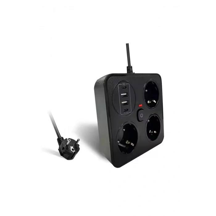 Akım Korumalı Anahtarlı Priz - 3x Priz - 2x Usb - 2x Type-c - 2 Mt Kablo Hızlı Şarj Özellikli Siyah