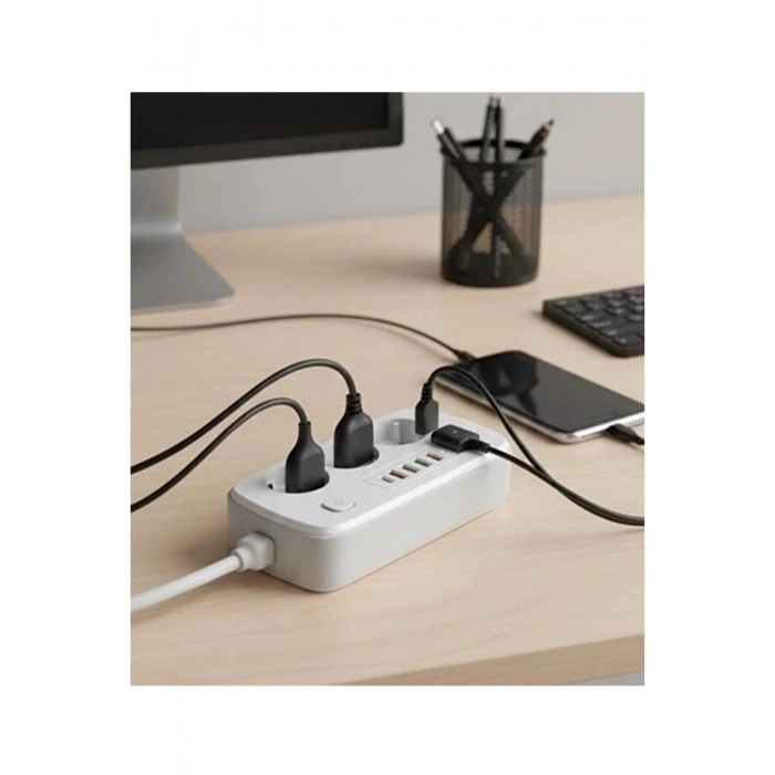  akım Korumalı Priz Ve Masaüstü Şarj İstasyonu Kablosuz 3 Priz ,4 Usb, 2 Type-c Girişli 2 Metre