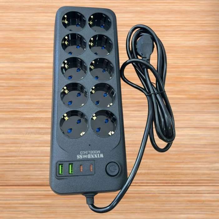 Akım Korumalı Termal Uzatma Kablosu – 10 Priz, 2 USB ve 2 Type-C Girişli, Güçlü Çoklu Priz (4887)