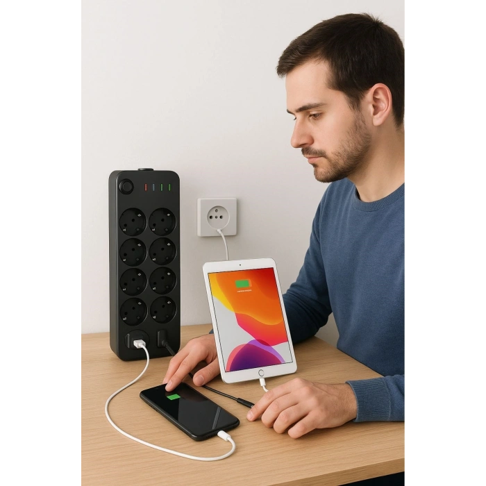 Akım Korumalı Termal Uzatma Kablosu – 10 Priz, 2 USB ve 2 Type-C Girişli, Güçlü Çoklu Priz (4887)