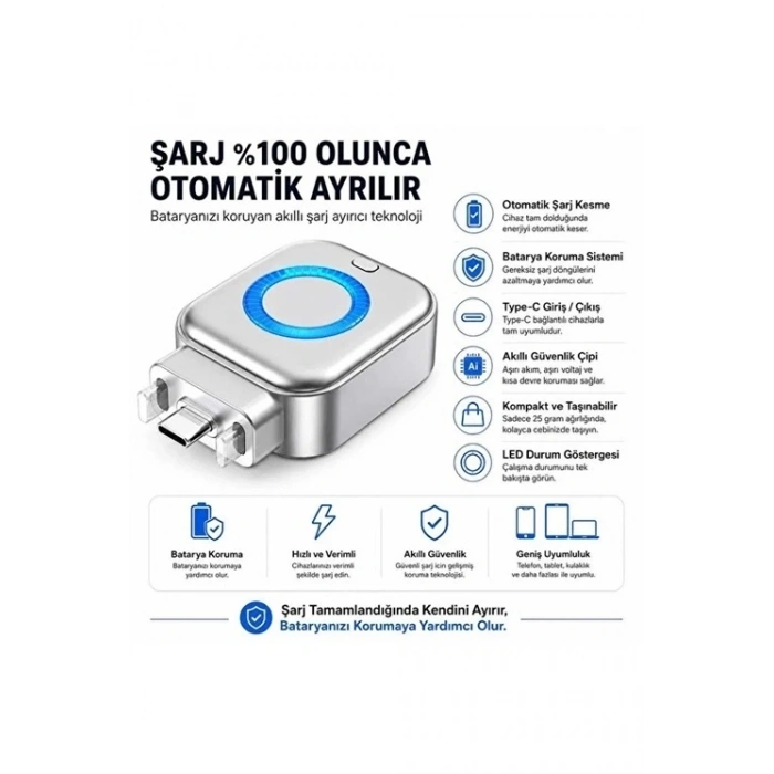 Akım Korumalı Type-c Akıllı Şarj Ayırıcı Otomatik Şarj Kesici Batarya Koruma Adaptörü Hızlı Şarj Destekli