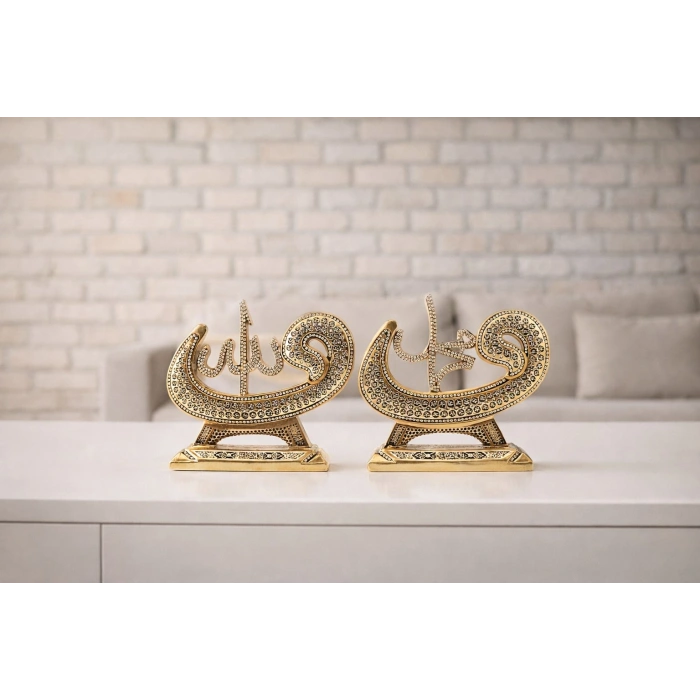 Allah & Muhammed (S.A.V) Taşlı Gold Dekoratif Biblo Seti – Minimal Modern Ev & Anlamlı Hediye 17cm