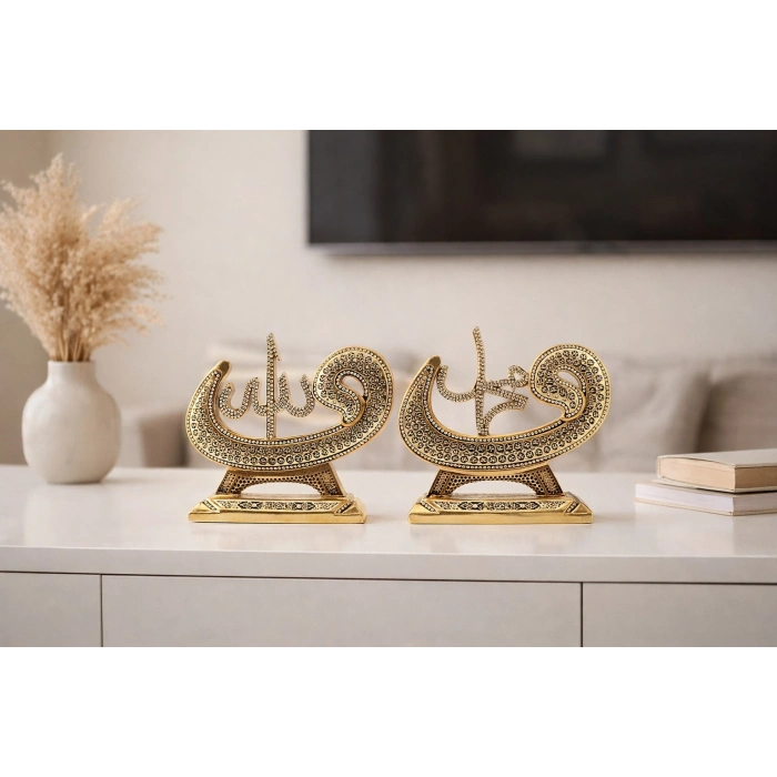 Allah & Muhammed (S.A.V) Taşlı Gold Dekoratif Biblo Seti – Minimal Modern Ev & Anlamlı Hediye 17cm