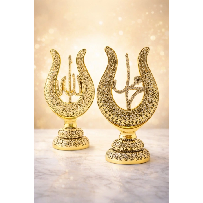 Allah & Muhammed Yazılı Lale Taşlı Gold Masa Üstü Dekor Seti – Klasik ve Asil Tasarım 22cm