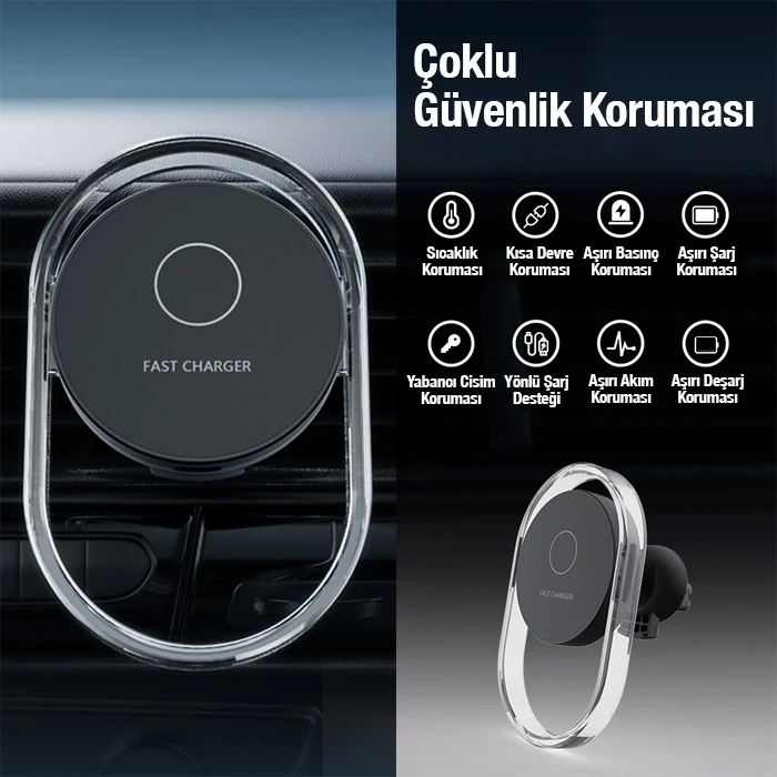 Ally 15w Klima Araç Havalandırma Bölmesi Manyetik Şeffaf Kablosuz Araç Şarj Telefon Tutucu