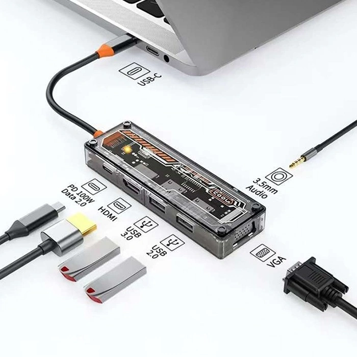 Ally 6in1 Type-c To Usb3.0 + Usb2.0 + Type-c Pd 100w + Hdmı + Vga + 3.5mm  Çoğaltıc Transparanı Hub