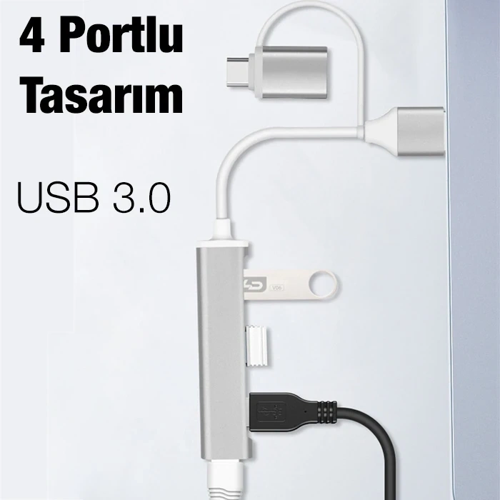 Ally A-806 4in1 Type-c + Usb Girişli Usb 3.0 Çoğaltıcı Hub Adaptör Çevirici