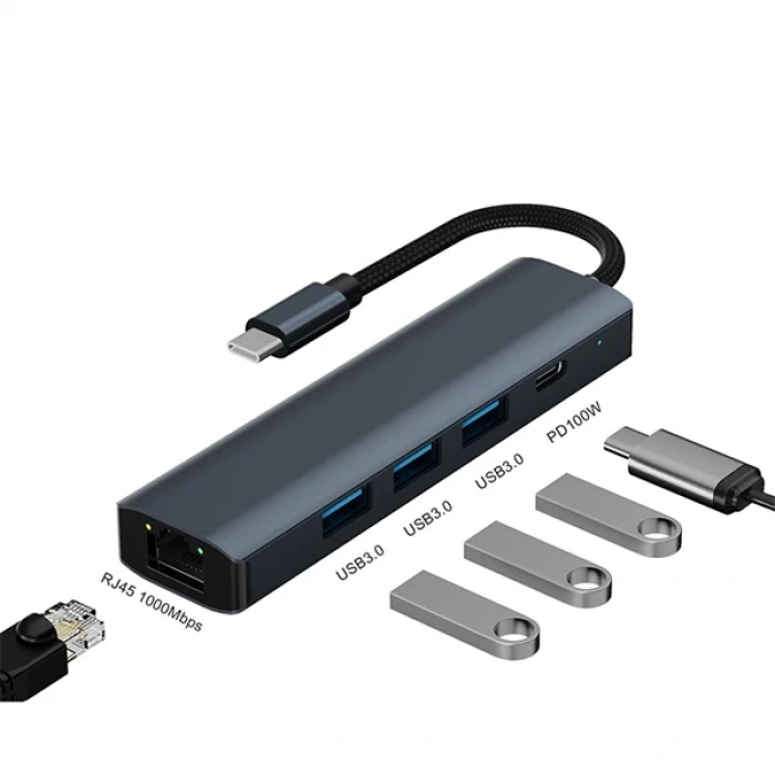 Ally Byl-2302 5 In 1 Type-c To Usb + Type-c + Ethernet Dönüştürücü Çoğaltıcı Hub