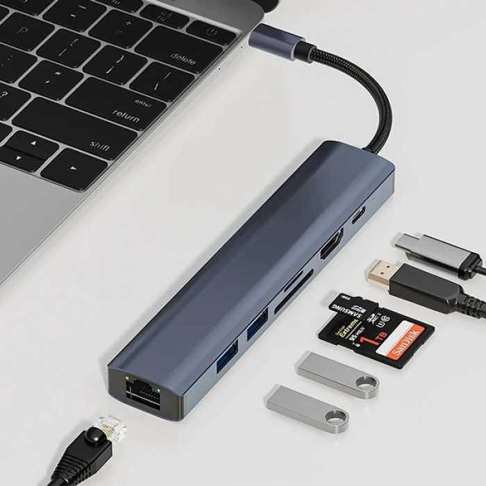 Ally Byl-2303 7 In 1 Type-c To Usb + Type-c + Ethernet + Kart Okuyucu + Hdmı Dönüştürücü Çoğaltıcı H
