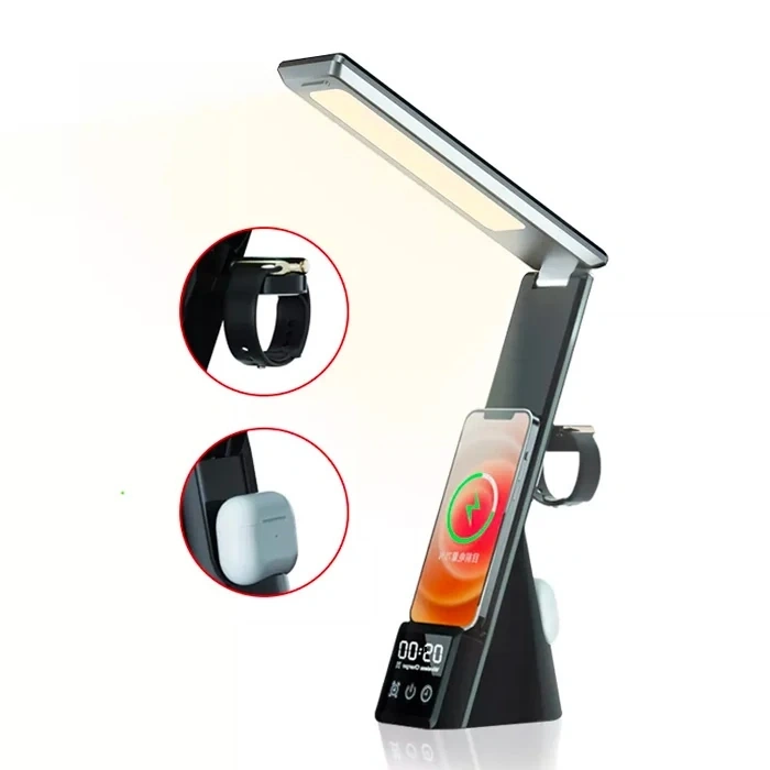 Ally Dijital Saatli 15w Kablosuz Şarjlı Led Işıklı Katlanabilir Masa Lambası