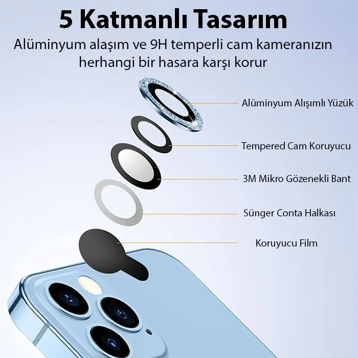 Ally İphone 14 Pro-14 Pro Max Diamond Taş İşlemeli Alüminyum Alaşımlı Kamera Lens Koruyucu