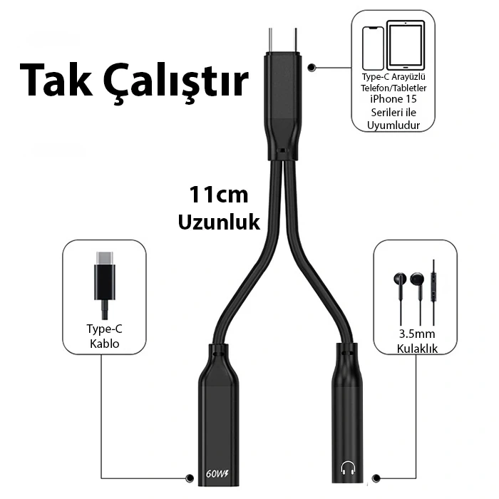 Ally İphone 15 İçin Type-c Şarj + 3.5mm Kulaklık 2in1 Çevirici Adaptör