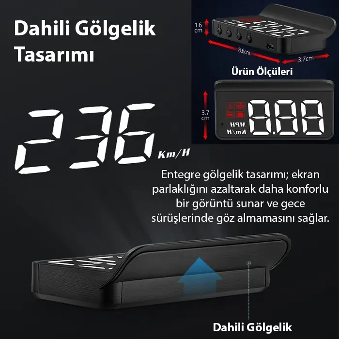 Ally M3 Hud Obd2 Head-up Display Dijital Hız Göstergesi E-obd Ve Gps Destekli Obd Arayüzlü - Alarmlı Ön Cam Ekran Projektör