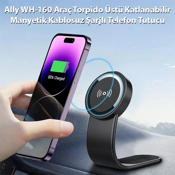 Ally Wh-160 Araç Torpido Üstü Katlanabilir Manyetik Kablosuz Şarjlı Telefon Tutucu