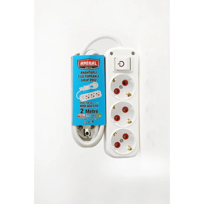 Amiral 3 lü Topraklı Anahtarlı 2 Metre Kablolu Grup Priz