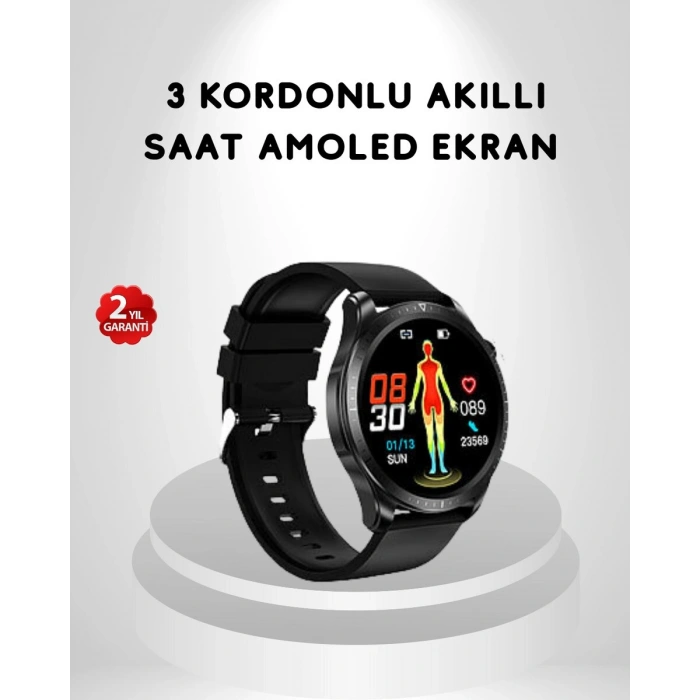 Amoled Ekranlı Akıllı Saat – 3 Kordon Seçenekli Suya Dayanıklı Kalp Atış Ve Uyku Takip Özellikli