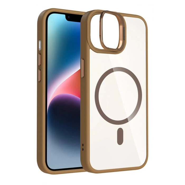 Apple iPhone 11 Remim Lensli Magsafe Standlı Kapak - Kahverengi