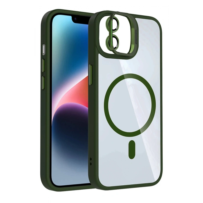 Apple iPhone 11 Remim Lensli Magsafe Standlı Kapak - Koyu Yeşil