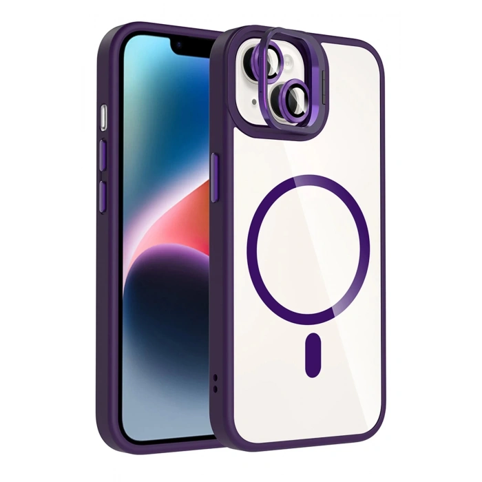 Apple iPhone 13 Remim Lensli Magsafe Standlı Kapak - Derin Mor