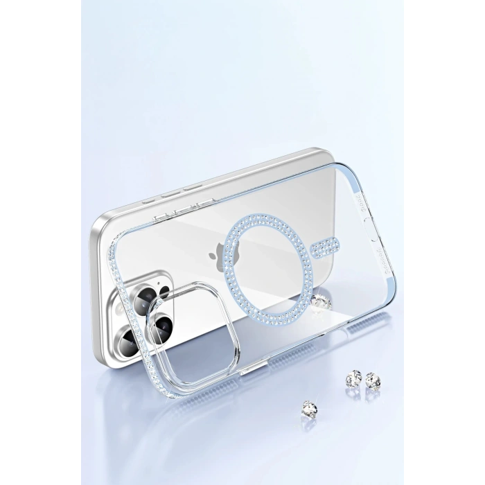 Apple iPhone 14 Move Taşlı Magsafe Kapak - Gümüş