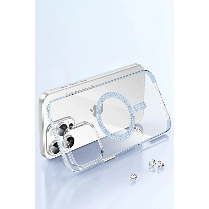 Apple iPhone 14 Pro Max Move Taşlı Magsafe Kapak - Gümüş