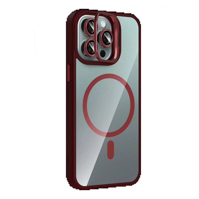 Apple iPhone 14 Pro Max Remim Lensli Magsafe Standlı Kapak - Bordo