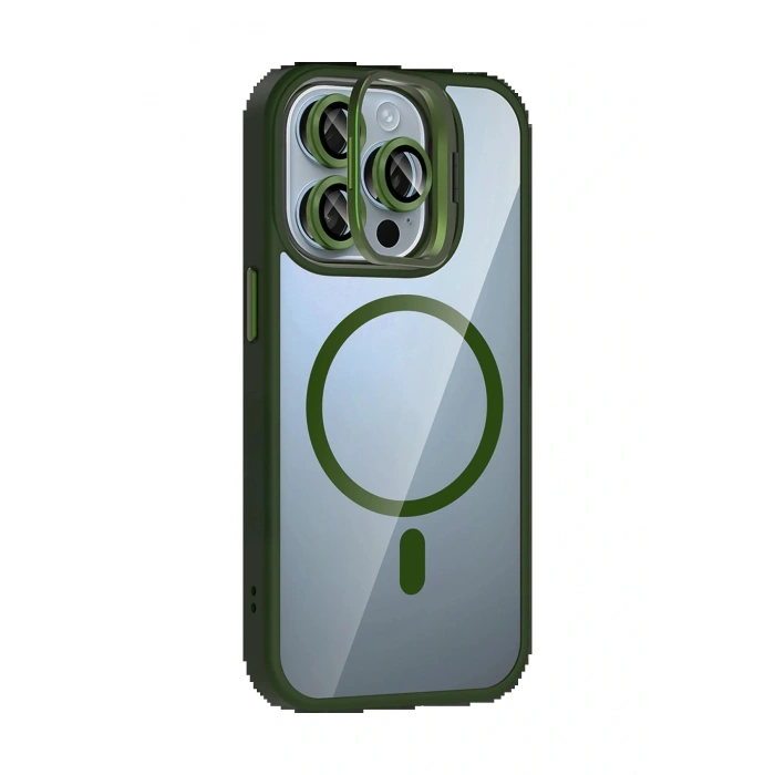 Apple iPhone 14 Pro Max Remim Lensli Magsafe Standlı Kapak - Koyu Yeşil