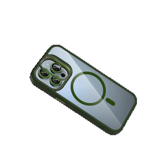 Apple iPhone 14 Pro Max Remim Lensli Magsafe Standlı Kapak - Koyu Yeşil