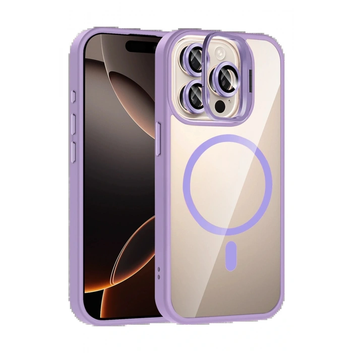 Apple iPhone 14 Pro Max Remim Lensli Magsafe Standlı Kapak - Lila
