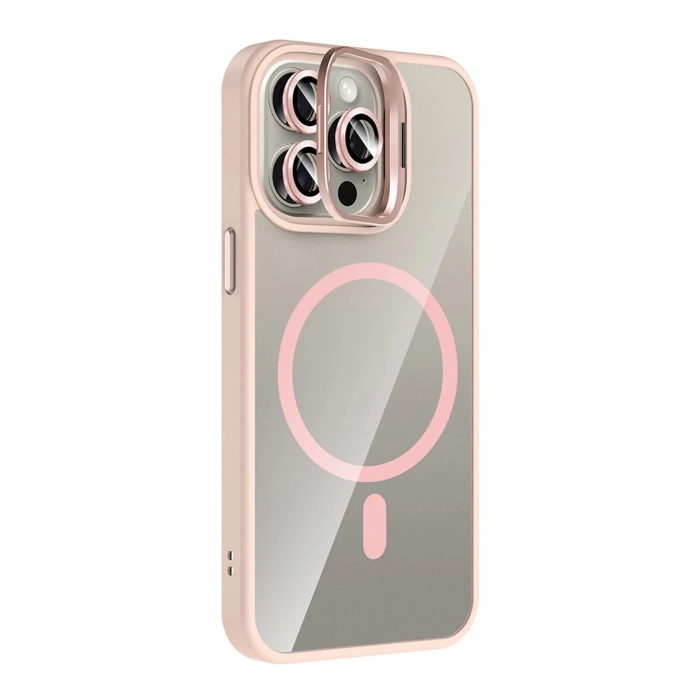 Apple iPhone 14 Pro Max Remim Lensli Magsafe Standlı Kapak - Pembe