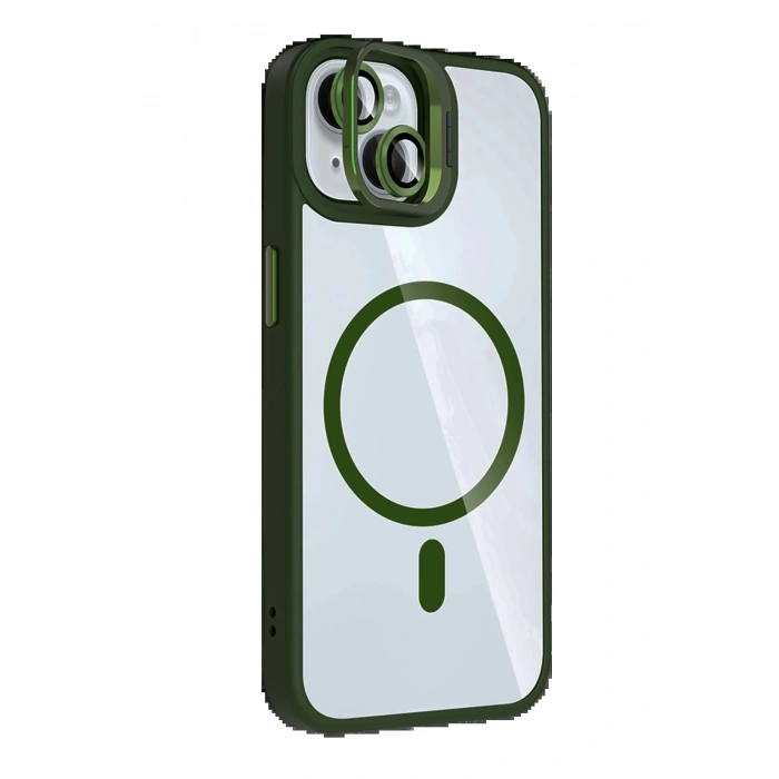 Apple iPhone 14 Remim Lensli Magsafe Standlı Kapak - Koyu Yeşil