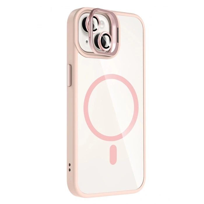 Apple iPhone 14 Remim Lensli Magsafe Standlı Kapak - Pembe