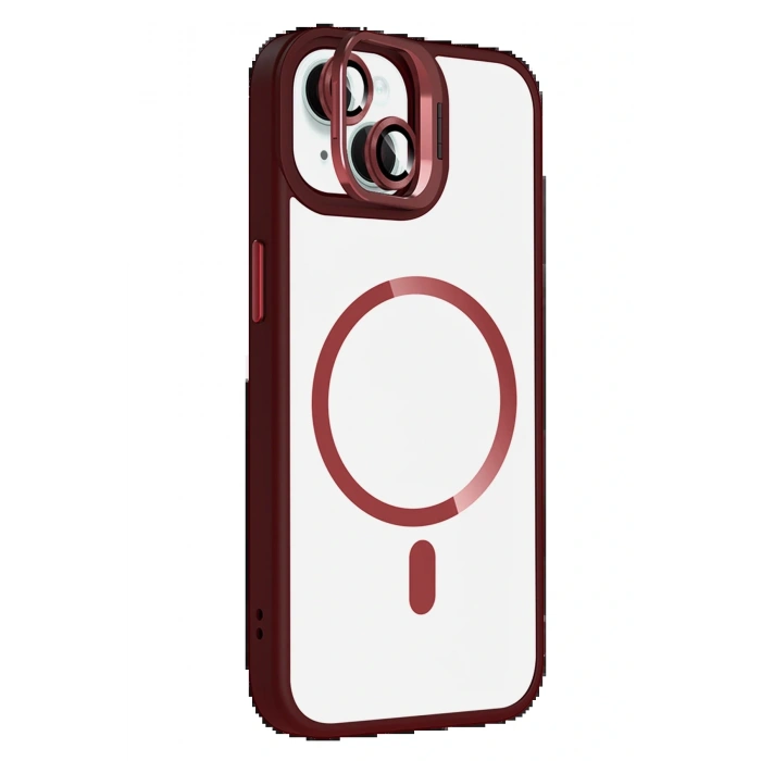 Apple iPhone 15 Plus Remim Lensli Magsafe Standlı Kapak - Bordo
