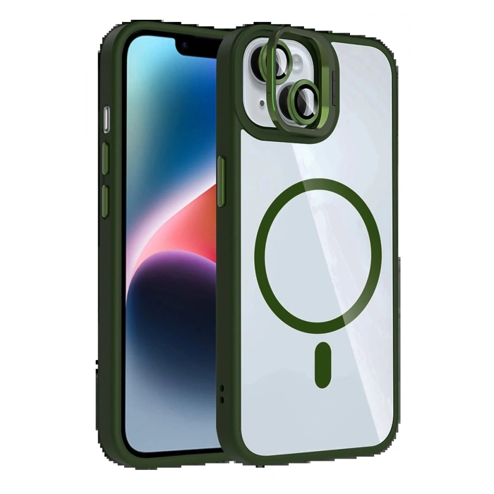 Apple iPhone 15 Plus Remim Lensli Magsafe Standlı Kapak - Koyu Yeşil