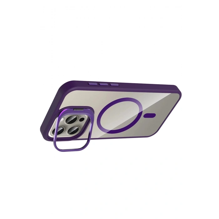 Apple iPhone 15 Pro Max Remim Lensli Magsafe Standlı Kapak - Derin Mor