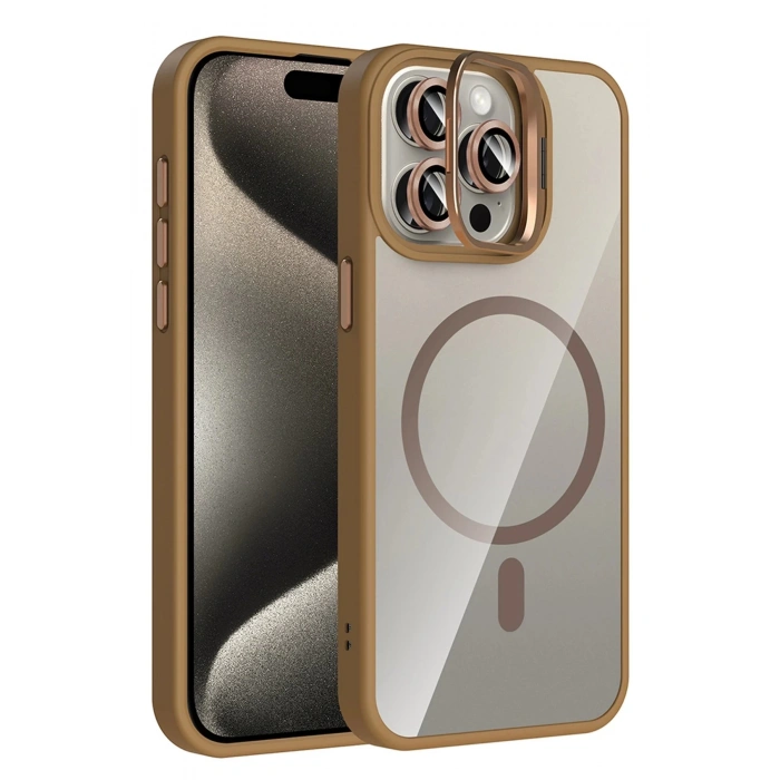 Apple iPhone 15 Pro Max Remim Lensli Magsafe Standlı Kapak - Kahverengi