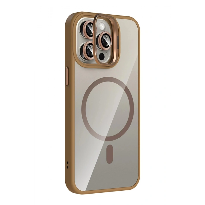Apple iPhone 15 Pro Max Remim Lensli Magsafe Standlı Kapak - Kahverengi