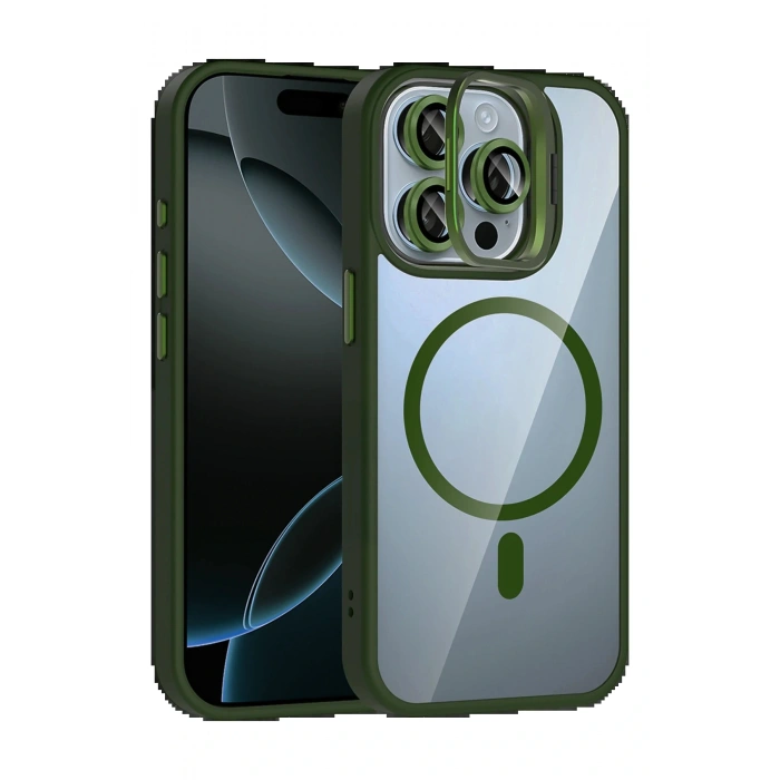 Apple iPhone 15 Pro Max Remim Lensli Magsafe Standlı Kapak - Koyu Yeşil