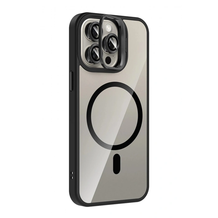 Apple iPhone 15 Pro Max Remim Lensli Magsafe Standlı Kapak - Siyah