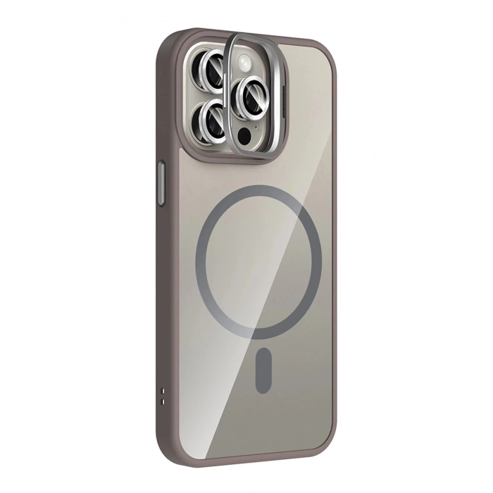 Apple iPhone 15 Pro Max Remim Lensli Magsafe Standlı Kapak - Titan Gri
