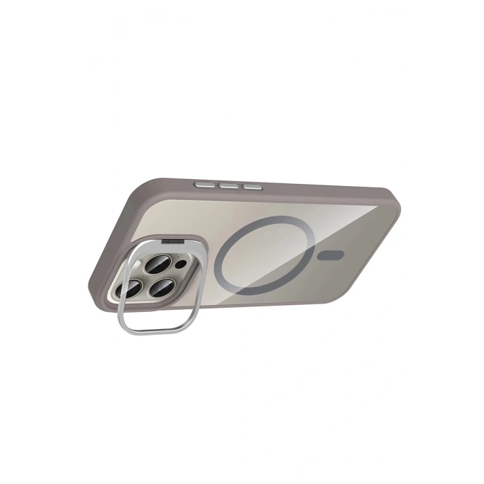 Apple iPhone 15 Pro Max Remim Lensli Magsafe Standlı Kapak - Titan Gri