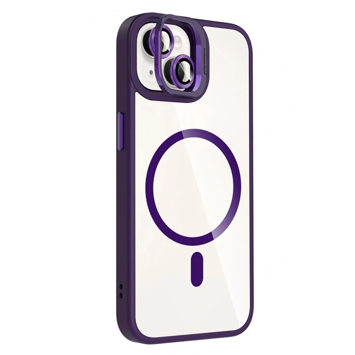 Apple iPhone 15 Remim Lensli Magsafe Standlı Kapak - Derin Mor