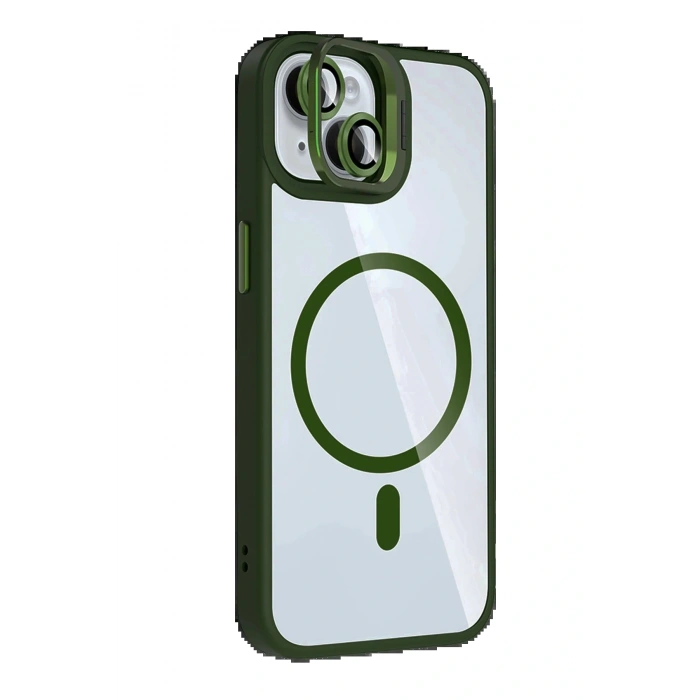 Apple iPhone 15 Remim Lensli Magsafe Standlı Kapak - Koyu Yeşil