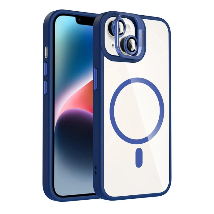 Apple iPhone 15 Remim Lensli Magsafe Standlı Kapak - Lacivert