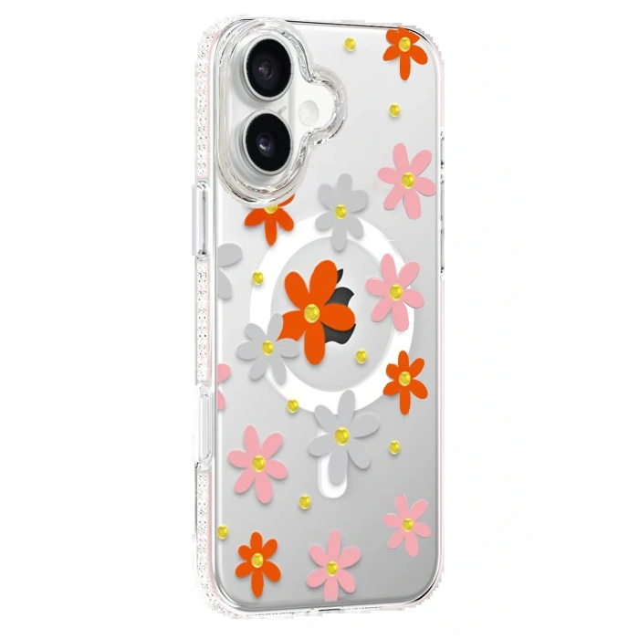 Apple iPhone 16 Floral Magsafe Kapak - Turuncu