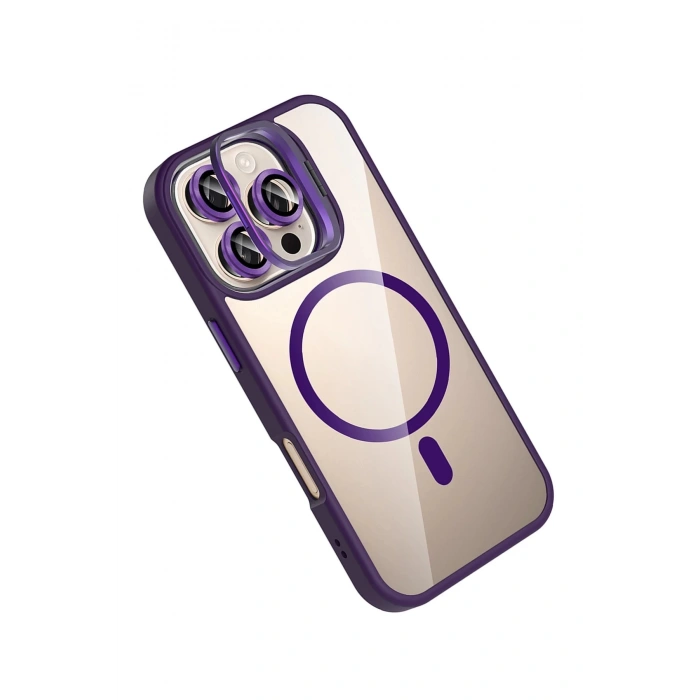 Apple iPhone 16 Pro Max Remim Lensli Magsafe Standlı Kapak - Derin Mor