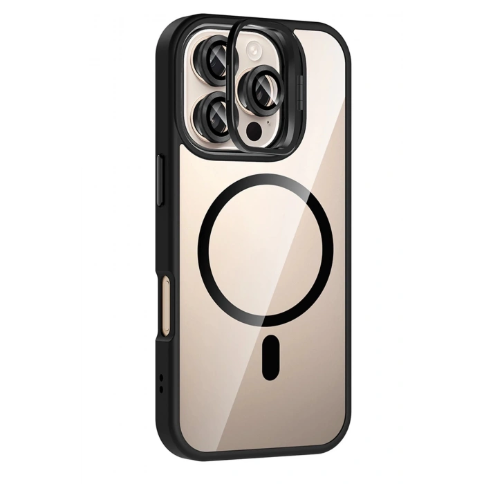 Apple iPhone 16 Pro Max Remim Lensli Magsafe Standlı Kapak - Siyah